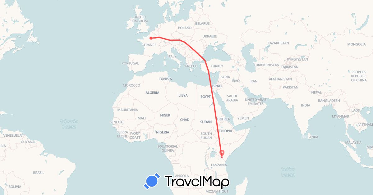 TravelMap itinerary: cycling, hiking in Austria, Germany, France, Hungary, Turkey, Tanzania (Africa, Asia, Europe)